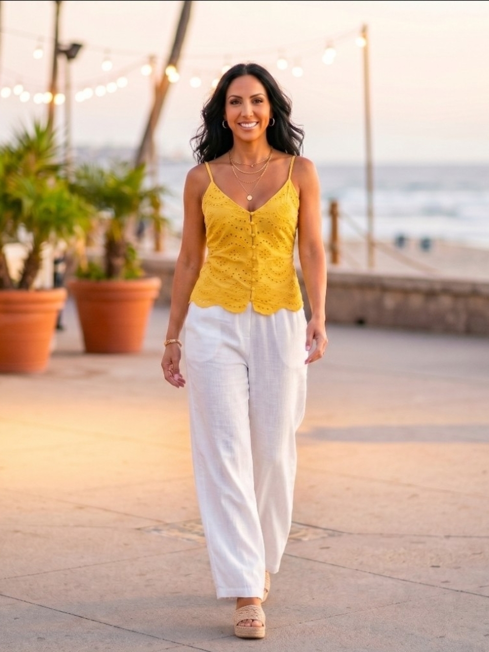 Yellow Eyelet Button-Front Cami Top